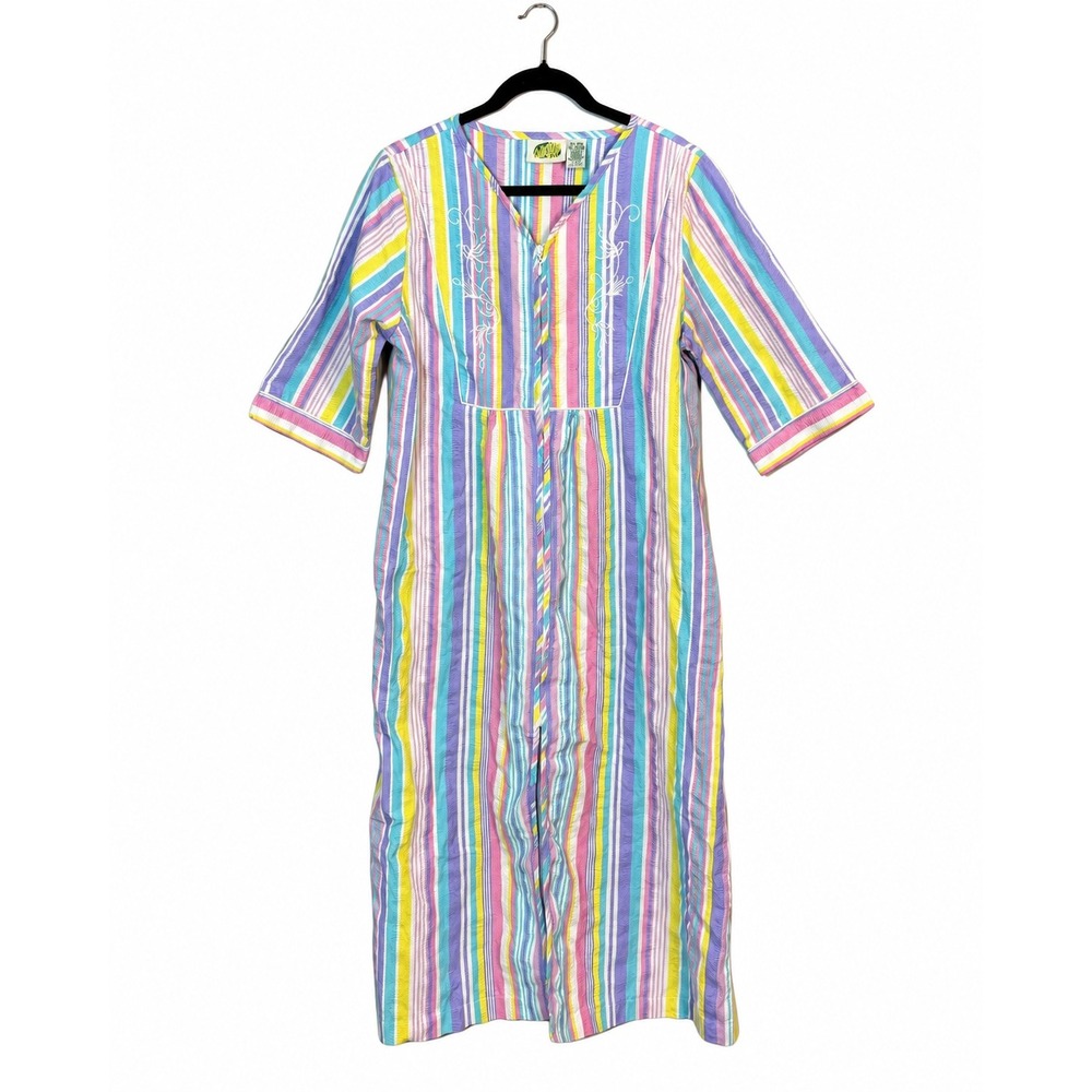 Collections Etc Pastel Stripe Embroidered Seersucker Maxi House Dress Caftan